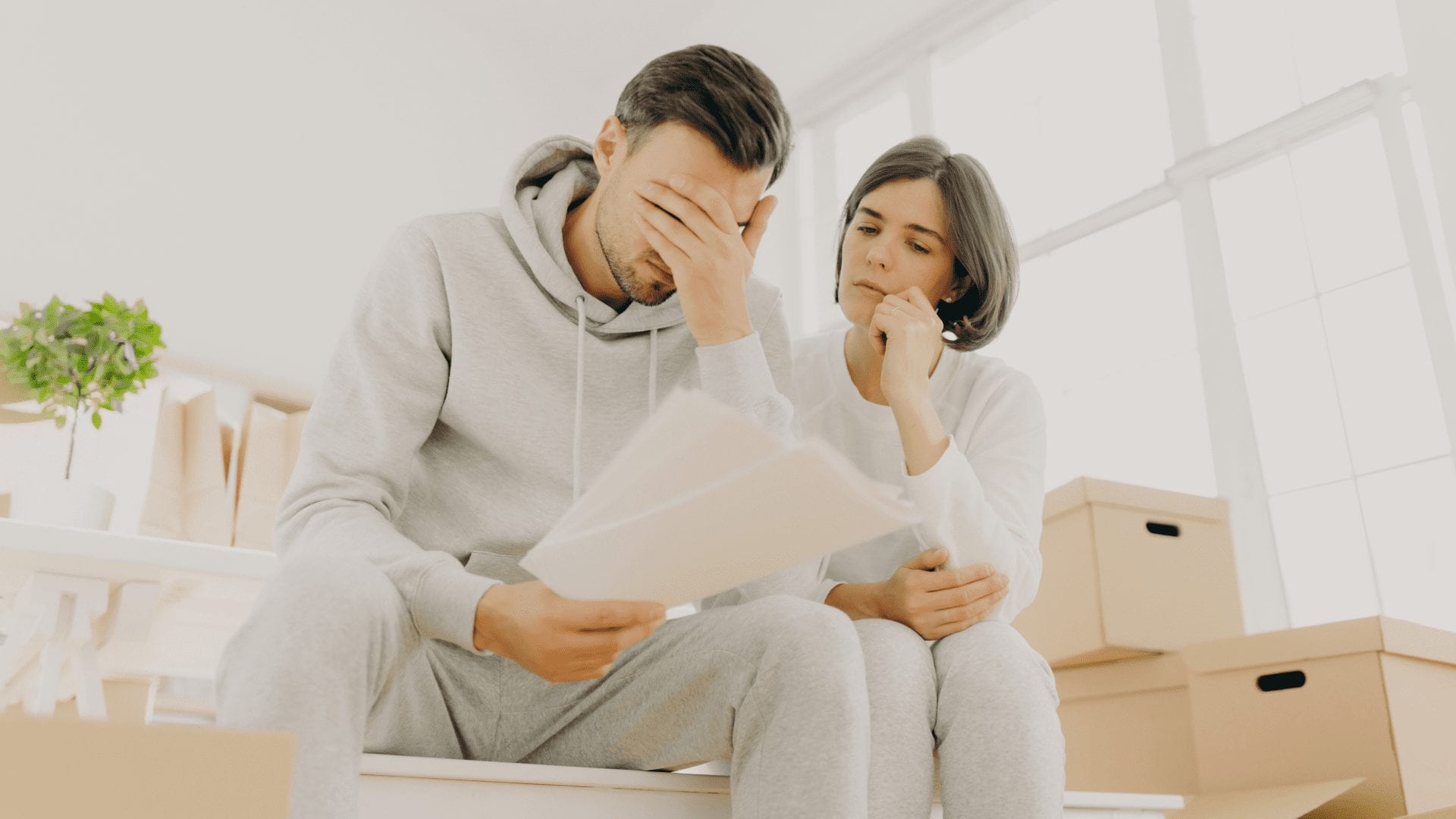couple in debt frustrated with paperwork