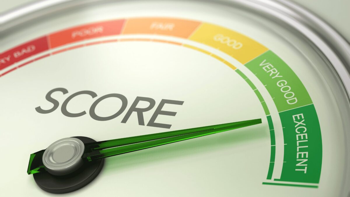 a needle points to “excellent” in a gauge indicating credit score