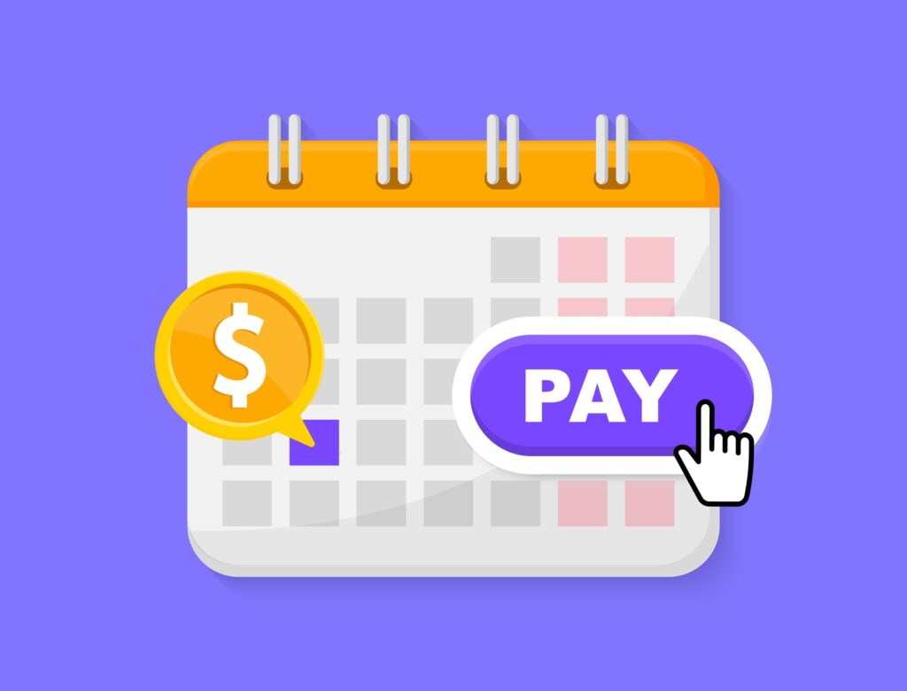 Yellow calendar on purple background depicts what day loan payment is due | Best installment loans for bad credit