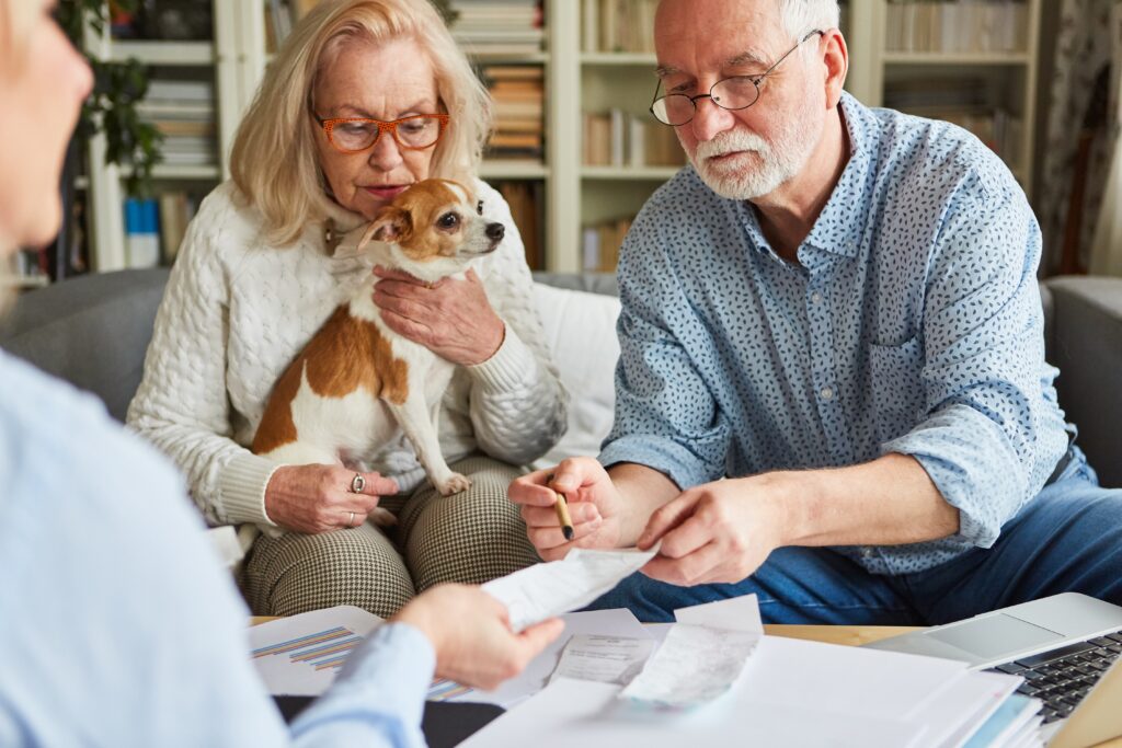 Elderly couple sits with Chihuahua as they review their credit report | How to get a veterinary loan